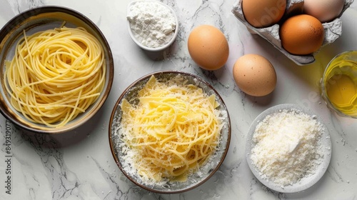 Ingredients needed to make pasta pangrattato topped with crunchy eggs photo