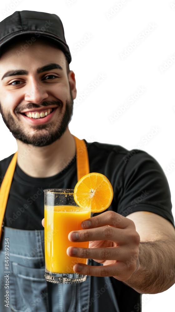 Male restaurant employee serving orange juice Male restaurant employee serving orange juice
