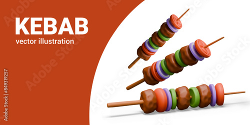 Realistic kebab with meat and vegetables. Ready hot dish on wooden skewer