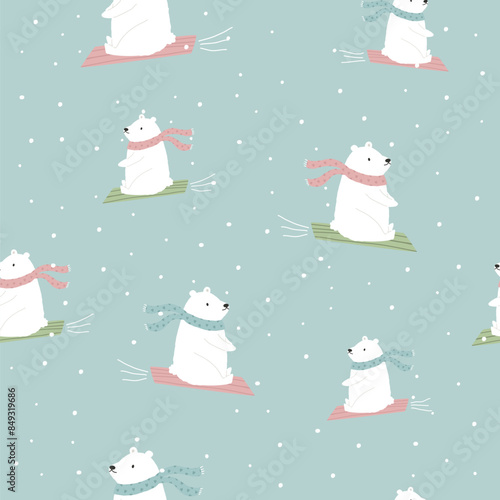 Adorable Christmas seamless pattern with festive polar bears sledding and having fun