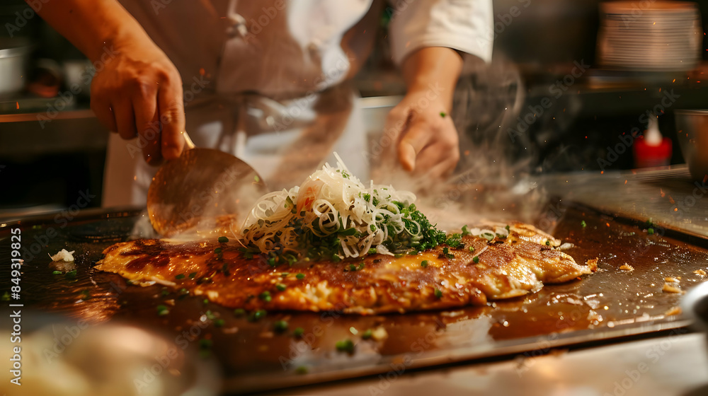 A chef preparing okonomiyaki savory pancake on a hot griddle A chef preparing okonomiyaki savory pancake on a hot griddle