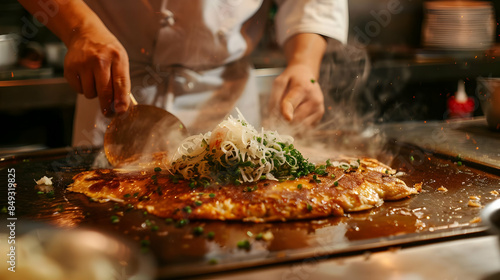 A chef preparing okonomiyaki savory pancake on a hot griddle photo