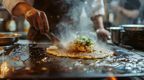 A chef preparing okonomiyaki savory pancake on a hot griddle