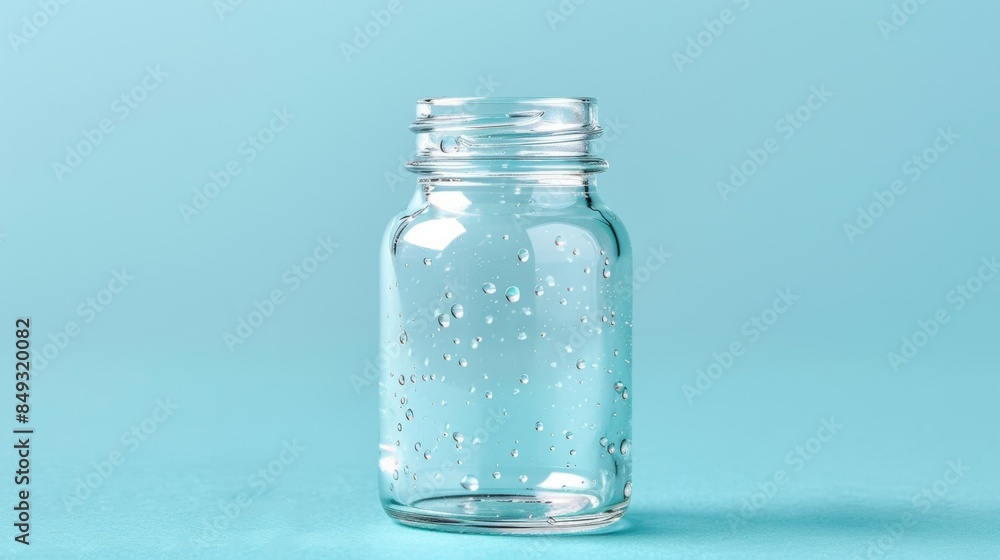 Clear glass jar with water droplets on blue background Clear glass jar with water droplets on blue background