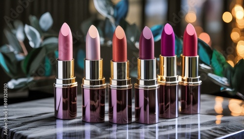 A luxurious set of high-end lipsticks displayed on a reflective marble surface with soft lighting accentuating their vibrant colors.
