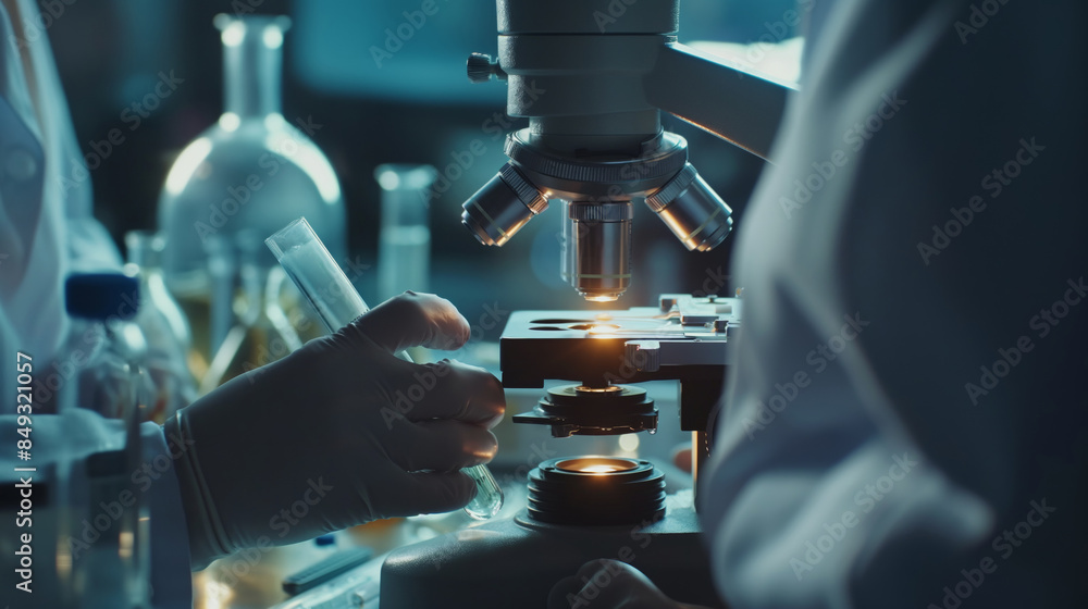 Scientist using a microscope in a laboratory setting.