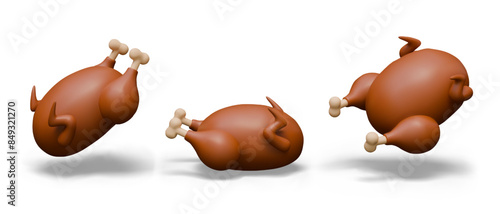 Realistic fried chicken in different positions. Appetizing baked duck with crispy crust