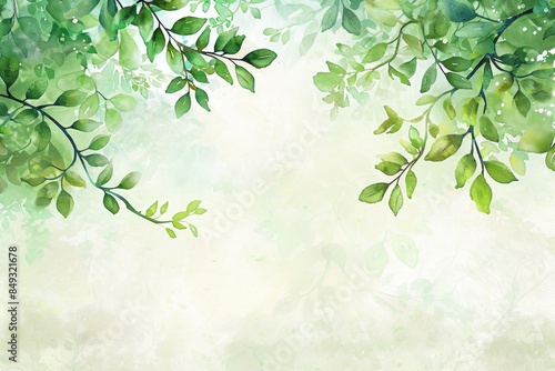 Fresh spring background with green watercolor leaves