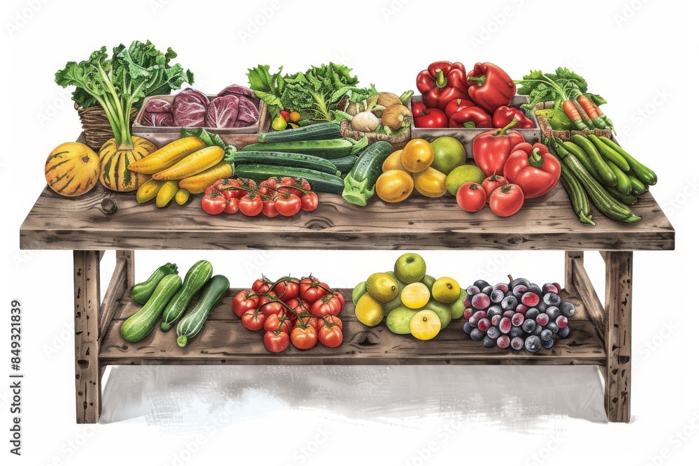 A vibrant display of fresh fruits and vegetables adorns a rustic wooden table, capturing the essence of a bustling farmer's market. A vibrant display of fresh fruits and vegetables adorns a rustic wooden table, capturing the essence of a bustling farmer's market.