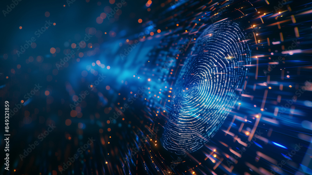 Obraz premium A digital fingerprint with motion blur effects, set against a dynamic background, suggesting speed and technological advancement.