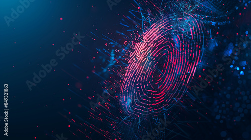 A digital fingerprint with striking red and blue highlights, set against a dark background, conveying a sense of high-tech security photo