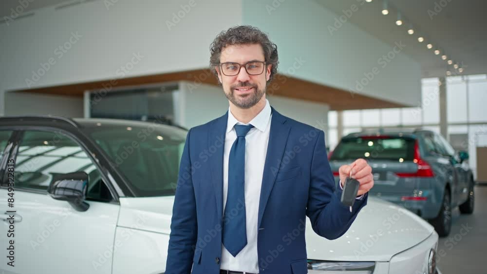 Attractive Caucasian manager or seller in glasses showing car keys. Positively smiling at camera while standing before new automobile. Happy man selling vehicle. Working in auto salon. Attractive Caucasian manager or seller in glasses showing car keys. Positively smiling at camera while standing before new automobile. Happy man selling vehicle. Working in auto salon.