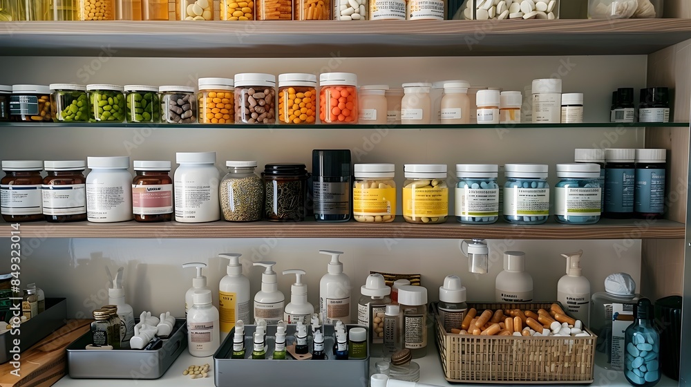 Fully Equipped Medicine Cabinet Displaying Diverse Health and Wellness Necessities in Sleek Organized Arrangement Fully Equipped Medicine Cabinet Displaying Diverse Health and Wellness Necessities in Sleek Organized Arrangement