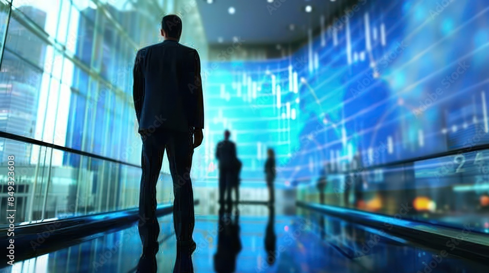 A professional man gazes at illuminated stock market graphs in a modern high-rise office building environment A professional man gazes at illuminated stock market graphs in a modern high-rise office building environment