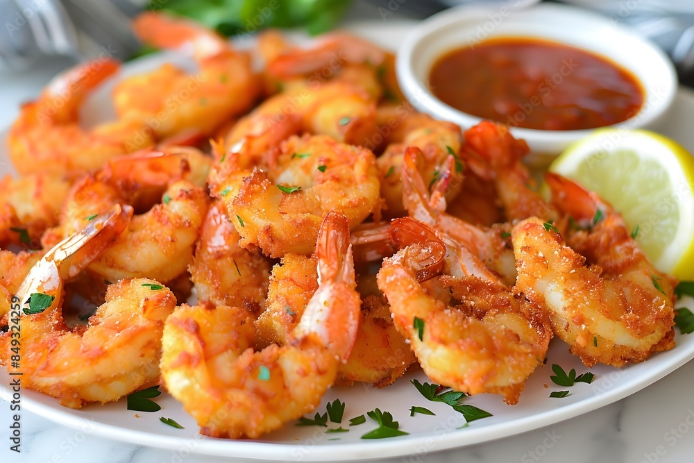 fried shrimp arranged on a platter, golden and crispy, glistening with a perfectly fried texture. Include a small dish of hot sauce on the side fried shrimp arranged on a platter, golden and crispy, glistening with a perfectly fried texture. Include a small dish of hot sauce on the side