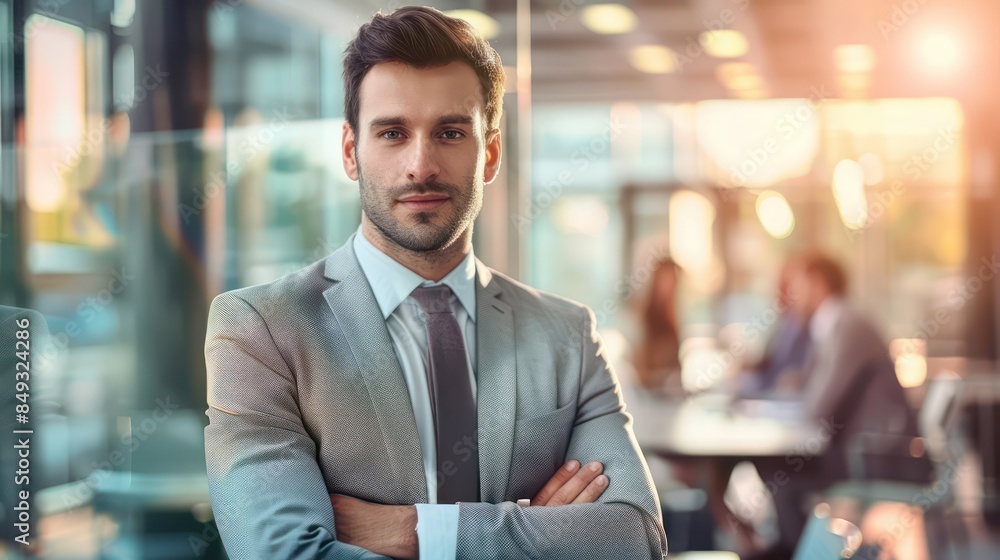 Fototapeta premium A professional and confident young businessman stands with crossed arms in a modern office environment, with colleagues in the background