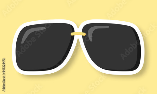 Sunglasses on a yellow background. A sticker with black glasses. Retro hippie style. Vector EPS 10.