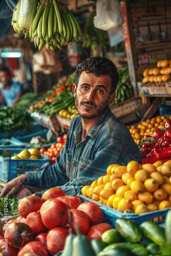 man on the background of vegetables in the bazaar. Selective focus