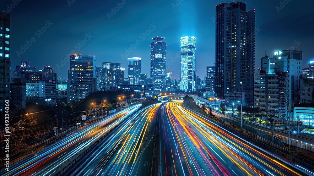 A bustling city at night with light trails from traffic A bustling city at night with light trails from traffic