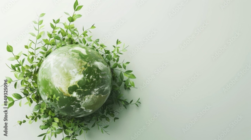 World Environment Day greeting with a lush green globe and delicate tree branches on a bright white background, with copyspace World Environment Day greeting with a lush green globe and delicate tree branches on a bright white background, with copyspace