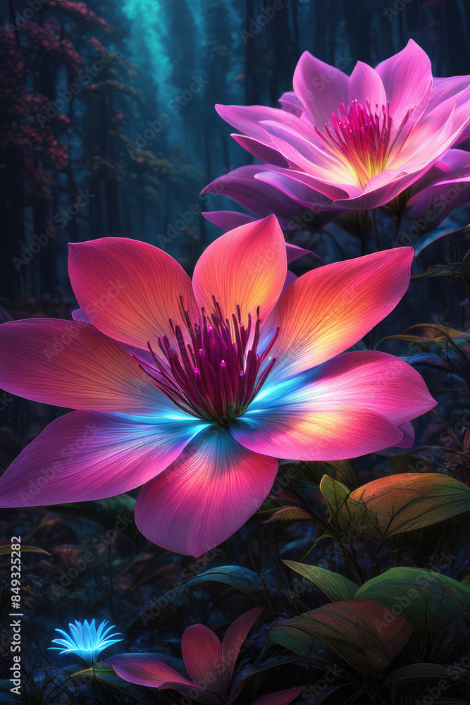 Generative AI beautiful fantasy flower plant with glowing light, luminous and realistic flowers. Each petal emits a mesmerizing, enchanting flower atmosphere magical floral, Gorgeous mystical Floral Generative AI beautiful fantasy flower plant with glowing light, luminous and realistic flowers. Each petal emits a mesmerizing, enchanting flower atmosphere magical floral, Gorgeous mystical Floral