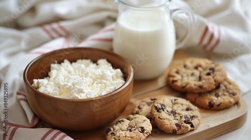 Healthy breakfast with cottage cheese, grain cookies, milk