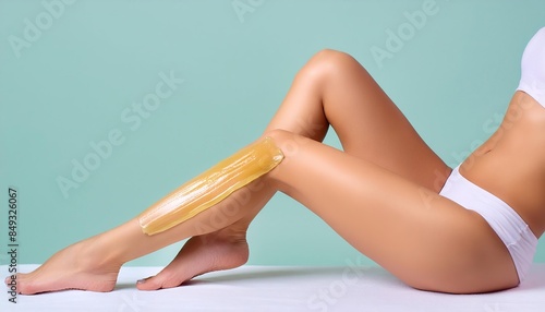 Depilation procedure with wax on the legs. Waxing depilation in beauty salon photo