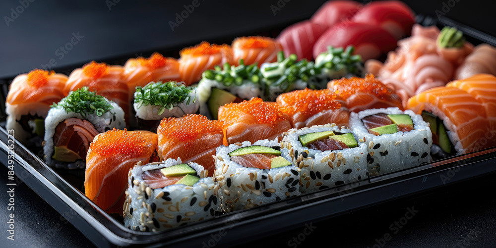 Japanese sushi rolls, with assorted fish, avocado, and cucumber, arranged on a black lacquer tray with pickled ginger and wasabi. Japanese sushi rolls, with assorted fish, avocado, and cucumber, arranged on a black lacquer tray with pickled ginger and wasabi.