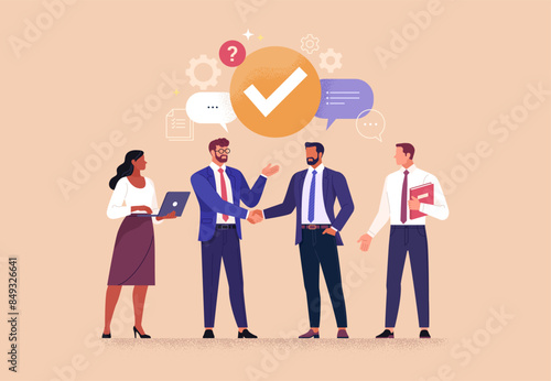 Business Meeting Concept. Vector cartoon full-length illustration in a flat style of business people with two men in suits in the center shaking hands. Isolated on background.