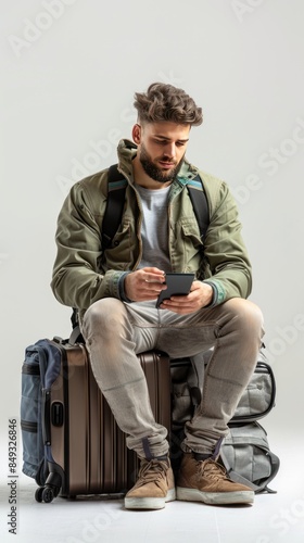 Photo of male tourist sitting on suitcase looking at phone © suteeda