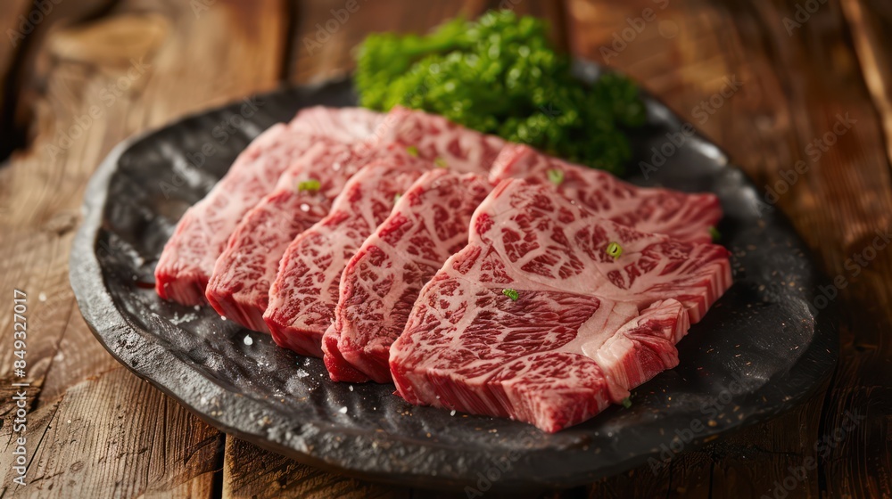 Premium cuts of marbled meat displayed on a dark plate with a bunch of fresh parsley in the background Premium cuts of marbled meat displayed on a dark plate with a bunch of fresh parsley in the background