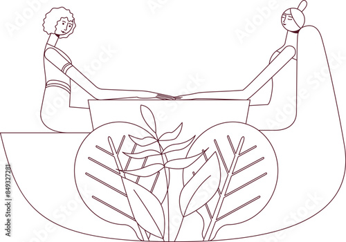 Manicure and hand-massage techniques. by professional manicurist in spa. SPA design concept. Contour drawing. Isolated vector illustration.