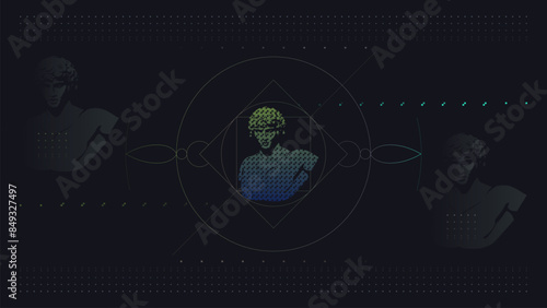 Minimalistic dark background with an antique bust in Greek style. Abstract pattern with dots, thin lines and geometric shapes. Futuristic art, desktop wallpaper, web page, poster, banner, vector.
