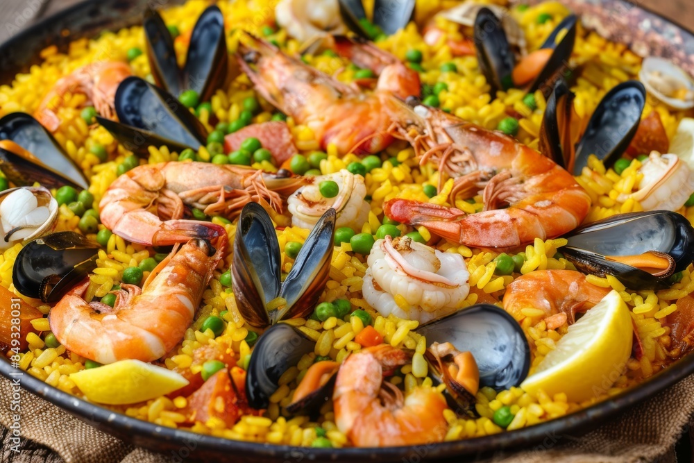 Vibrant seafood paella in traditional pan closeup Vibrant seafood paella in traditional pan closeup