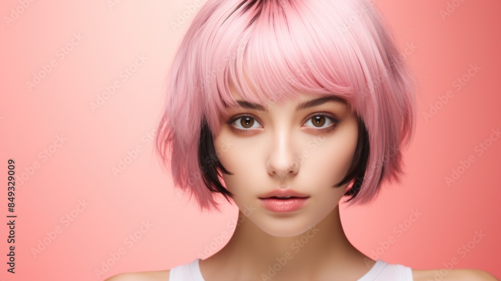 Trendy Woman with Pink Bob Haircut on Coral Background Trendy Woman with Pink Bob Haircut on Coral Background