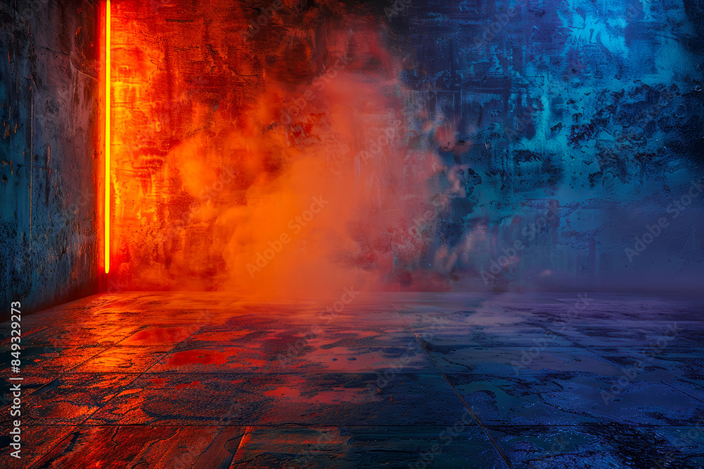 Obraz premium Empty dark stage scene, neon smoke, glowing mist, laser blurred fog, reflection wet textured, nightclub interior, city street view. Template banner, flyers, posters, mockup, promotion product display