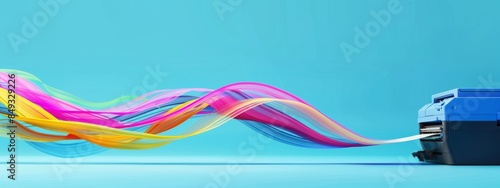 Blue printer producing vibrant, flowing ribbons in a creative display against a turquoise background