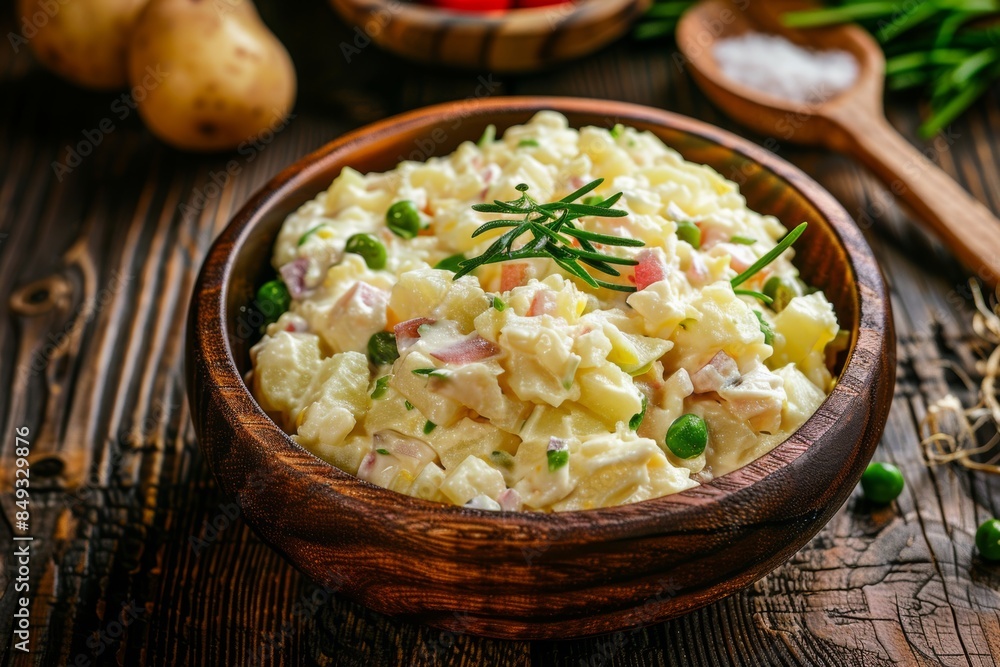 Traditional potato salad in wooden bowl on rustic table Traditional potato salad in wooden bowl on rustic table
