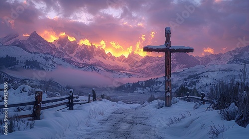 A construction cross with a wooden framework set against a snowy mountain backdrop at sunset