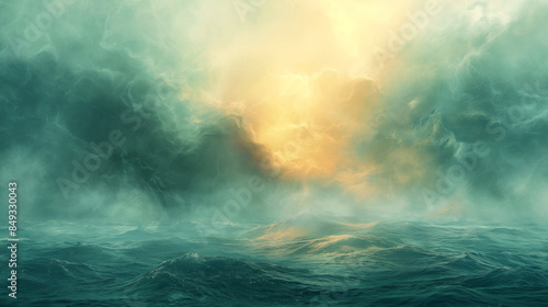 Wallpaper Mural Abstract background, soft tones of green and white with subtle strokes of yellow and orange, blurred shapes in the foreground representing water ripples or clouds, creating an impressionistic effect,  Torontodigital.ca