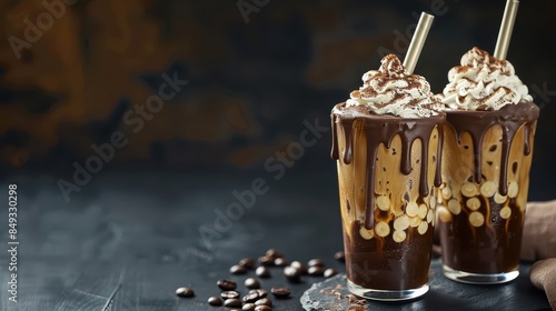 Two glasses of iced chocolate topped with whipped cream and chocolate syrup, set against a dark, rustic background. Indulgent dessert drink concept.