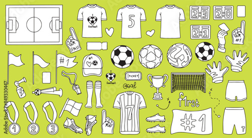 Set of football, sports, soccer icons. Doodle soccer or soccer objects. Hand drawn outline for banner, poster, advertisement. Vector