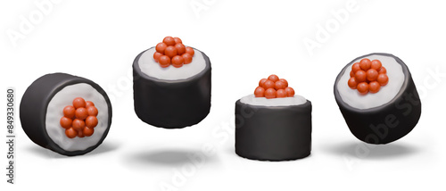 Set of realistic sushi rolls with cream cheese and red caviar