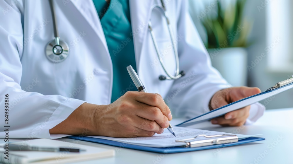 Close-up of a doctor in a white coat writing on a clipboard, with focus on the hands. Medical professional and documentation concept. Close-up of a doctor in a white coat writing on a clipboard, with focus on the hands. Medical professional and documentation concept.