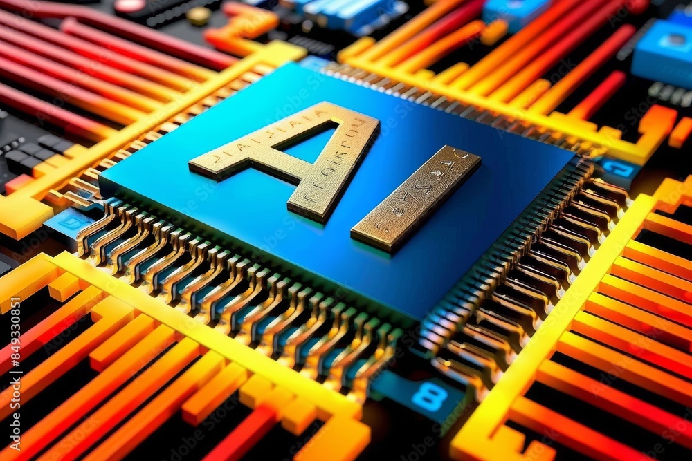 AI Chip on Circuit Board, Advanced Technology in Artificial Intelligence, High Tech Digital Innovations, Futuristic Design, Modern Tech Elements, Vibrant Colors, Glowing Lights. AI Chip on Circuit Board, Advanced Technology in Artificial Intelligence, High Tech Digital Innovations, Futuristic Design, Modern Tech Elements, Vibrant Colors, Glowing Lights.