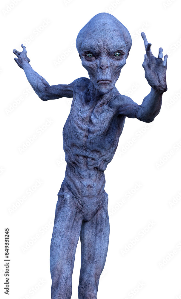 Illustration of a blue alien with arms up looking forward on a white background. Illustration of a blue alien with arms up looking forward on a white background.