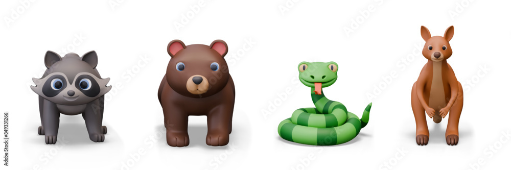 Naklejka premium 3D raccoon, bear, snake, kangaroo. Set of isolated vector wild animals on white background