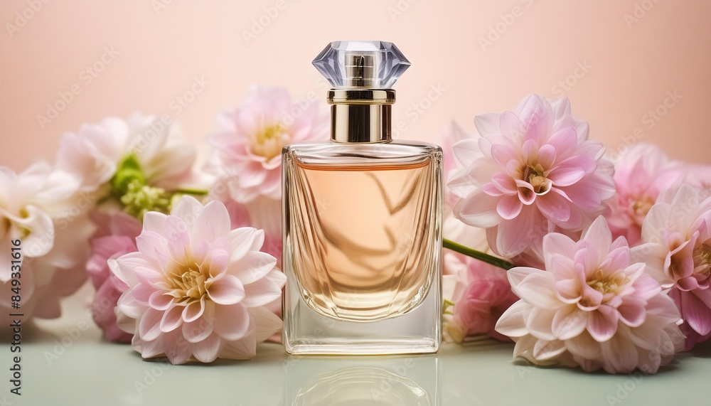 A bottle of luxury perfume surrounded by delicate flowers on a soft pastel background A bottle of luxury perfume surrounded by delicate flowers on a soft pastel background