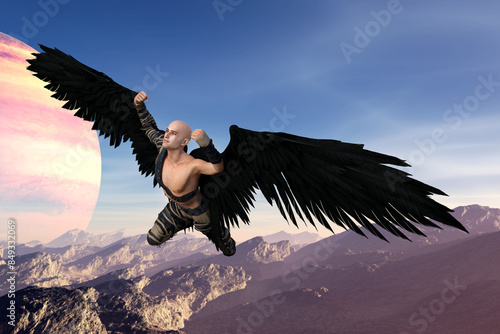 Illustration of an angel with spread wings and clenched fists flying above rough terrain with an exoplanet in the background.