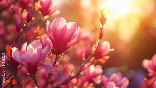 Close Up of Magnolia Flower with Orange Flare on Blurred Background. Perfect Spring Concept Background © Tranh